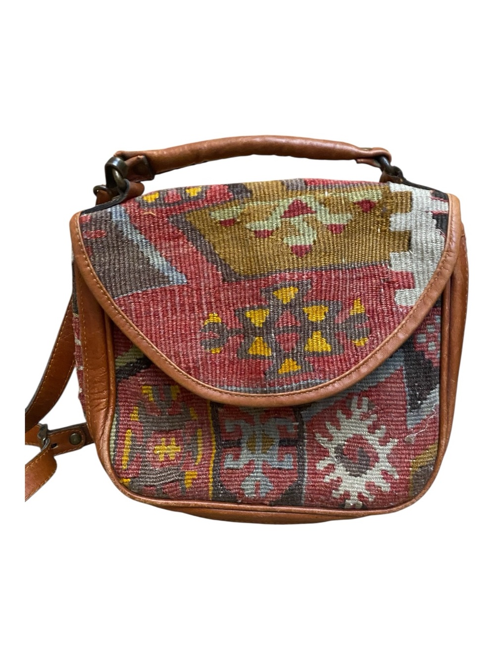Yun Art Vintage Turkish Kilim Small Crossbody Woven Purse Leather Details